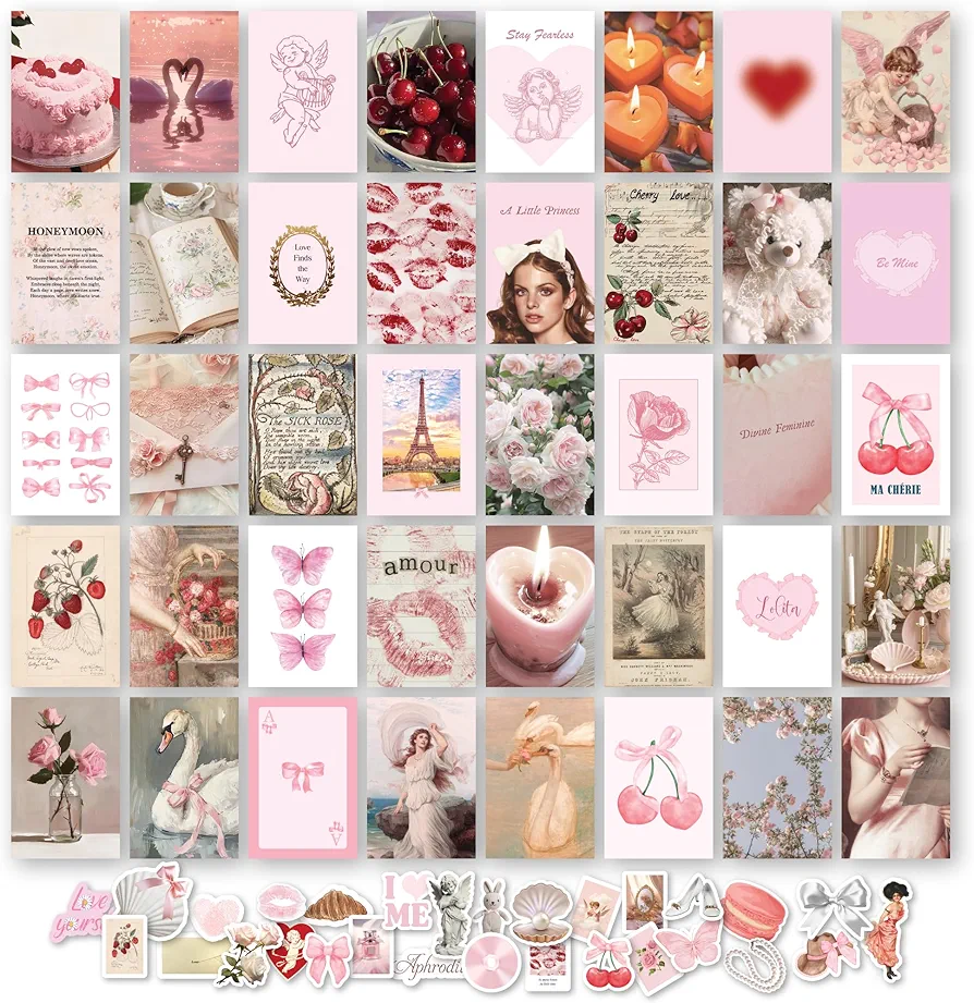 97 Decor Pink Coquette Room Decor Aesthetic - Girly Coquette Wall Decor, Light Pink Posters for Room Aesthetic Pictures, Vintage Coquette Decor Downtown Collage Kit for Teen Girl Dorm Bedroom (4x6)