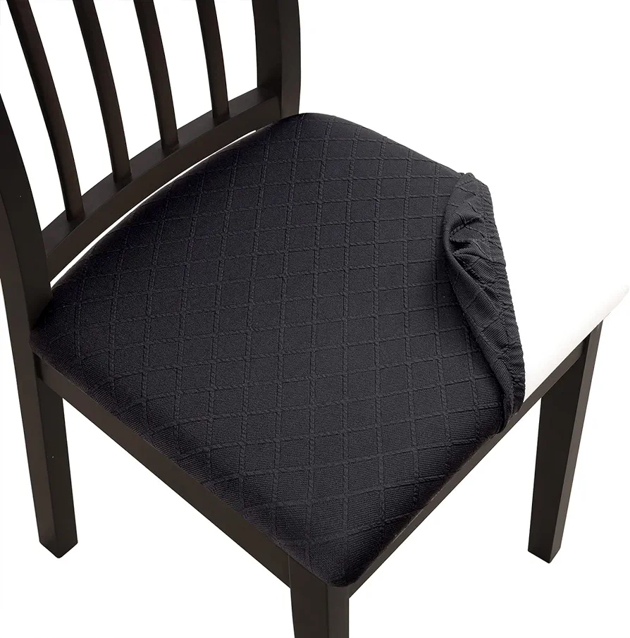 Stretch Jacquard Chair Seat Covers Set of 4, Removable Washable Dining Chair Covers Anti-Dust Dining Room Chair Covers Seat Cushion Slipcovers (4, Black)