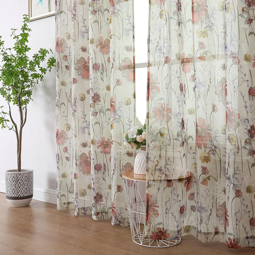 OWENIE Crushed Semi Sheer Curtains 72 Inches Length 2 Panels, Floral Pattern Design Rod Pocket Light Filtering Farmhouse Curtains for Bedroom Living Room, 2 Pieces Total 84 Inch Wide, 72 inch Long