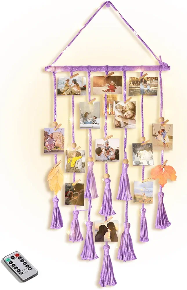 Homecor Hanging Photo Display Wall Decor, Purple Macrame Hanging Boho Room Bedroom Decor, Picture Frame Collage with Light 30 Clips, Christmas Teenage Teen Girl Gifts Ages 10 11 12 13 14 Years Old