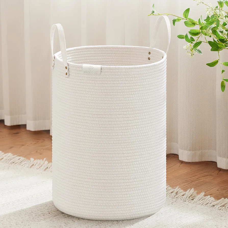 VIPOSCO Tall Laundry Basket, Large Dirty Clothes Hamper with Leather Handle, Woven Rope Storage Basket for Blanket, Toy In Living Room, Bathroom, Bedroom - 72L White