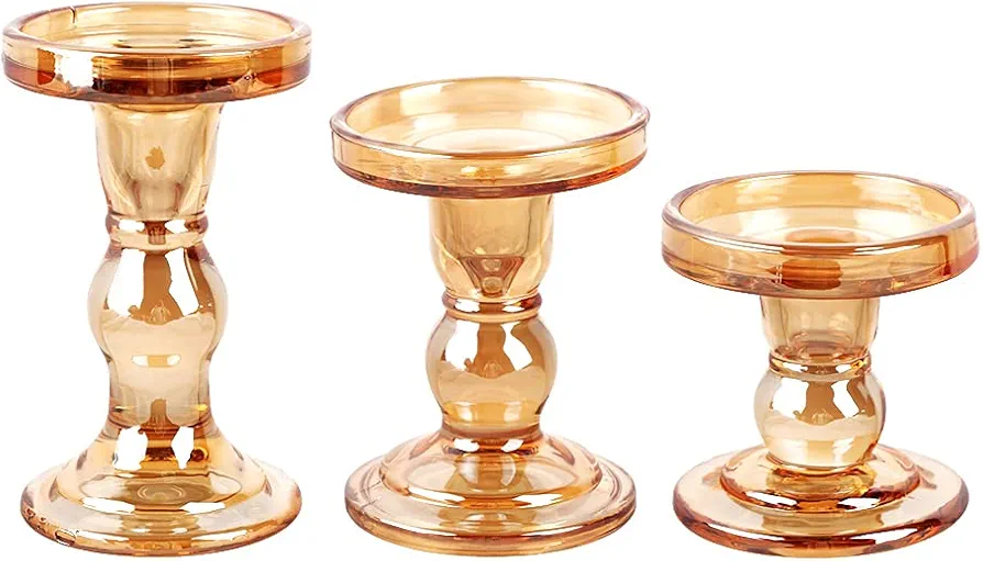 3-Piece Set of Amber Glass Candlestick, Crystal Candlestick Holder Holder and Conical Candle, Christmas Candle Holder Decoration, Family Living Room Wedding Candle Holder (amber)