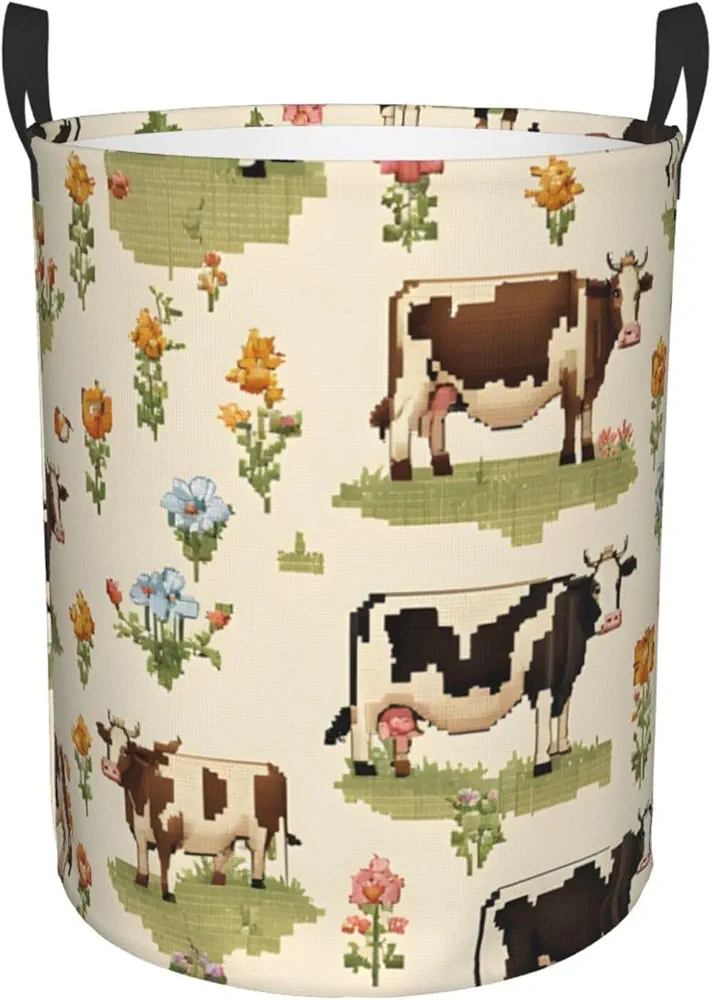 Laundry Basket with Handles S Size 38L Waterproof Collapsible Laundry Hamper Bag Storage Basket, Clothes Hamper for Laundry, Room Accessories - Pink Flower Show Steer Cows Cattle