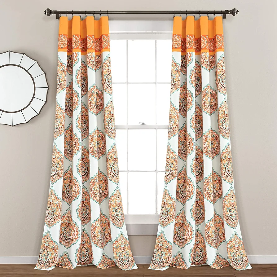 Lush Decor Harley Light Filtering Window Curtain Panels, Pair, 52" W x 84" L, Tangerine - Bohemian Damask Print - Maximalist Curtains, Orange Curtains - Boho Curtains For Bedroom, Living & Dining Room