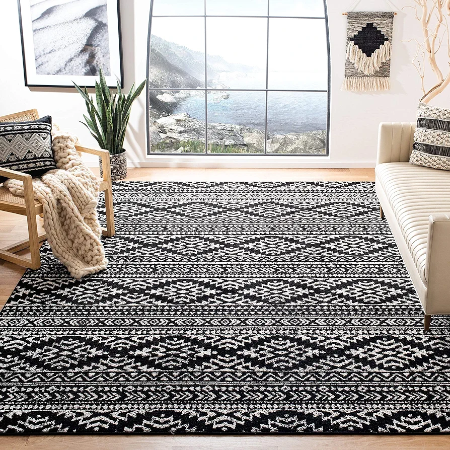 SAFAVIEH Tulum Collection Area Rug - 8' x 10', Black & Ivory, Moroccan Boho Tribal Design, Non-Shedding & Easy Care, Ideal for High Traffic Areas in Living Room, Bedroom (TUL272Z)