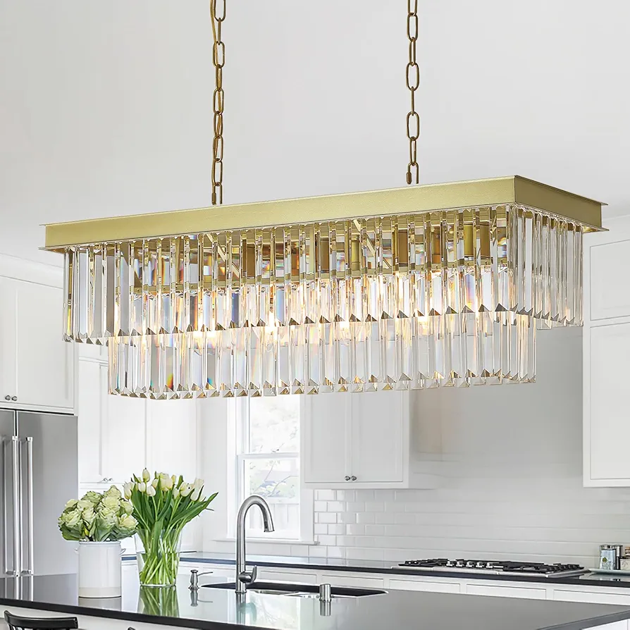 Rectangular Crystal Chandelier Gold for Dining Room Modern Chandelier Rectangle Linear Pendant Light Fixtures for Kitchen Island L33” K9 Luxury Long Chandelier for Living Room