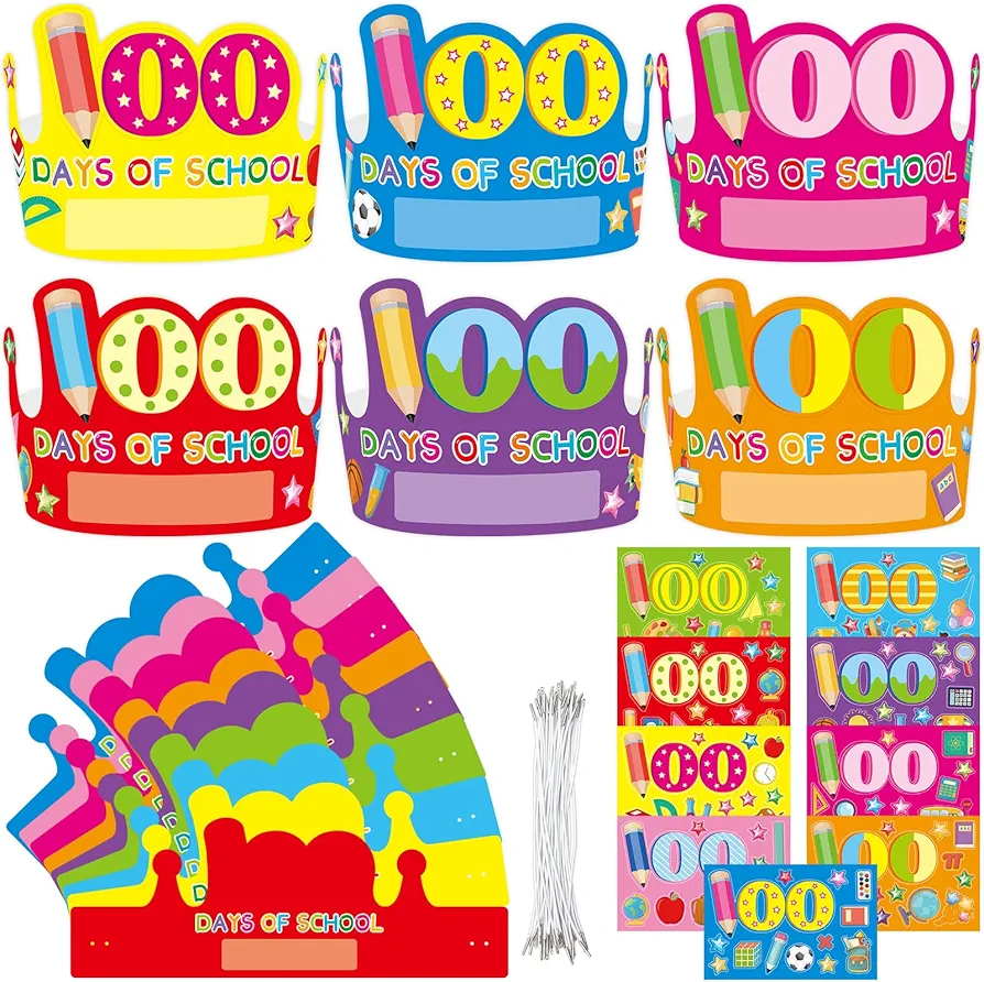 ceiba tree 100 Days Paper Crowns for Kids Happy 100th Day of School Hats with Stickers Classroom Crafts Party Favors