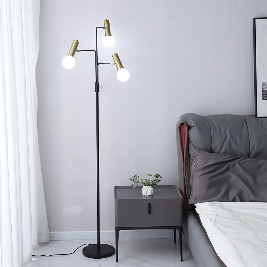 3 Light Blak and Gold Floor Lamp,Modern Metal Pole Lamp with Three Adjustable Brass Bases,Tall Standing Lamps for Living Room, Bedroom, Home, Office