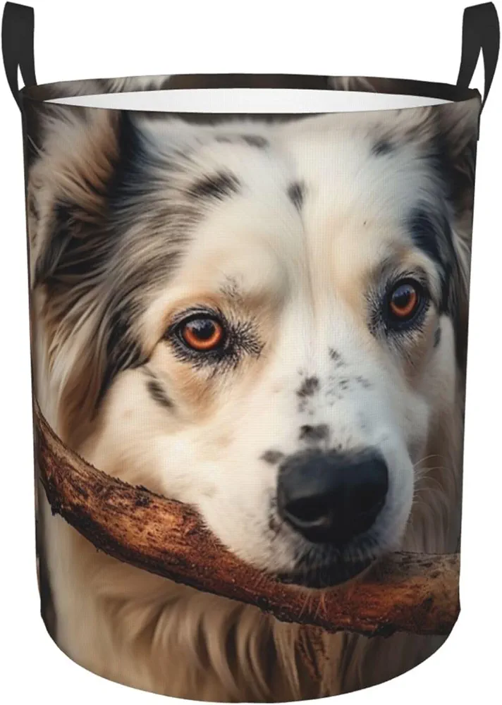 Dog Leaning on a Stick Print Laundry Basket Circular Laundry Hamper with Handles Waterproof Circular Hamper Dirty Clothes Basket Portable Storage Bin for Home Organizer Living Room Bathroom Car Medium