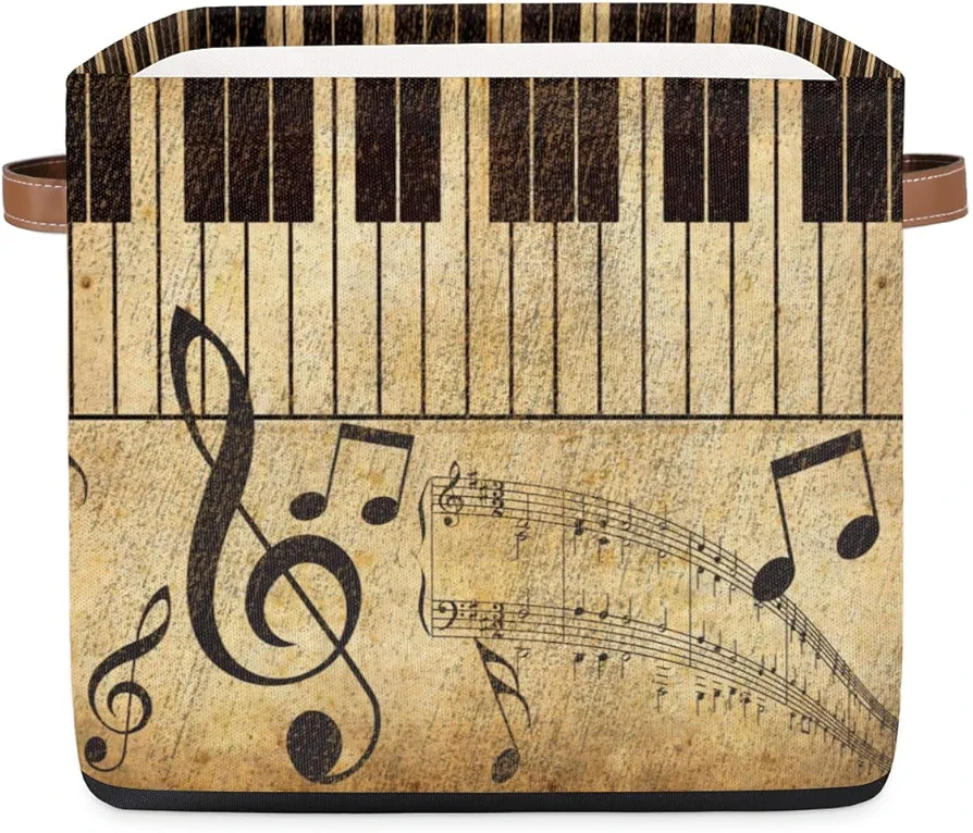 Vintage Piano Notation Sheet Music Storage Basket Collapsible Fabric Storage Box 13x13x13 Inches Square Cube Storage Bins with Handles for Home Living Room Closet Shelf Office Bedroom