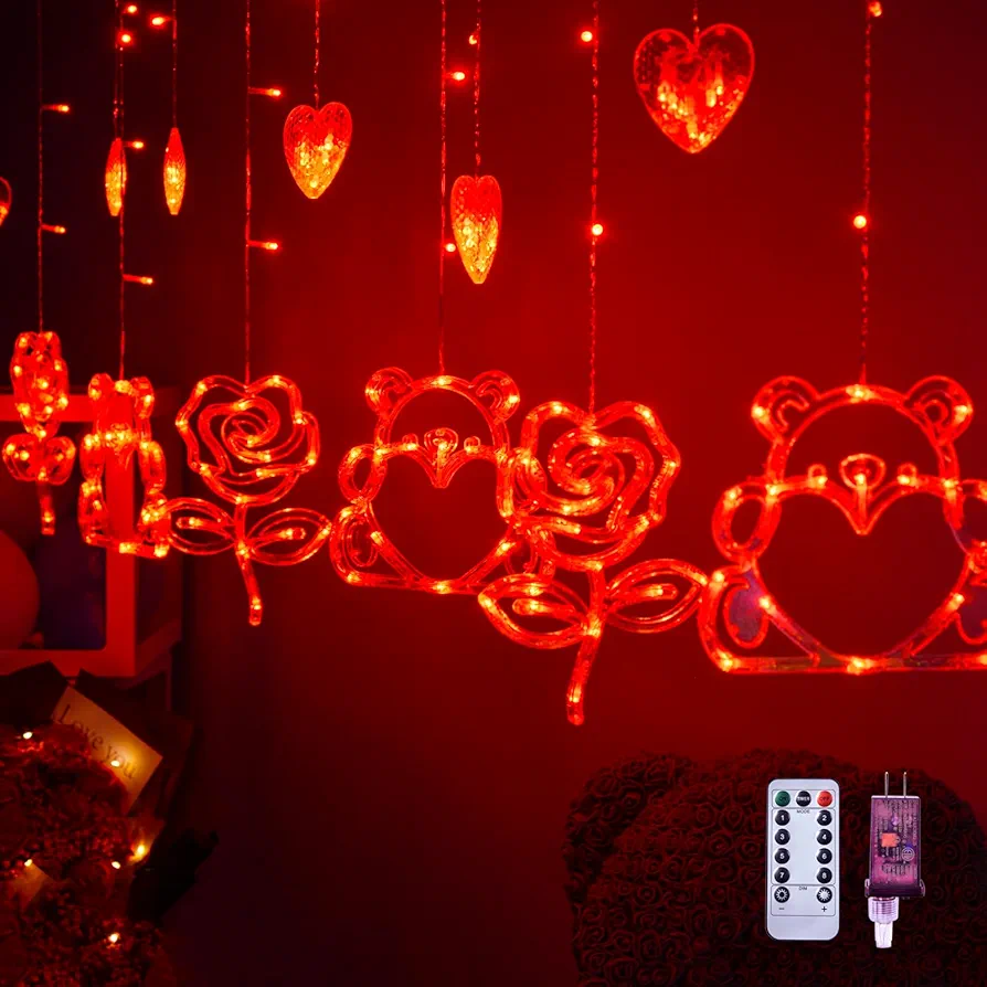 LOLStar Valentines Day Decor, Red Rose, Bear, Heart 180 LED String Light Plug in with Remote, 8 Flashing Modes and Timer Function Window Curtain Light for Valentines Day, Anniversary Decorations