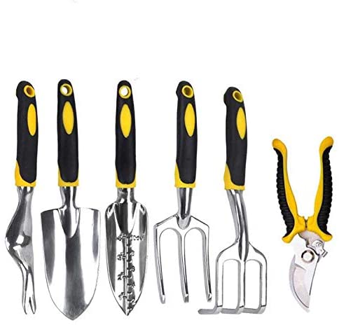 Hunting Friends Garden Tools Set, 6 Piece Heavy Duty Cast-Aluminium Alloy Gardening Tools Including Transplanting Spade, Trowel, Rake, Cultivator, Weeder, Pruner Gardening Supplies Gifts for Men Women