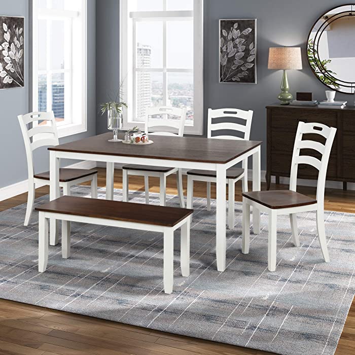 Harper & Bright Designs 6 Piece Dining Table Set with Bench, Wood Kitchen Table Set with Table and 4 Chairs, Ivory White and Cherry