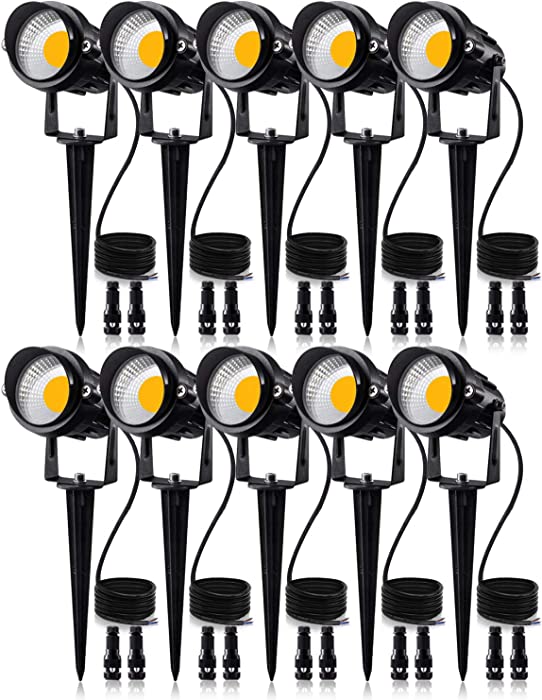 SUNVIE 12W Low Voltage LED Landscape Lights with Connectors, Outdoor 12V Super Warm White (900LM) Waterproof Garden Pathway Lights Wall Tree Flag Spotlights with Spike Stand (10 Pack with Connector)