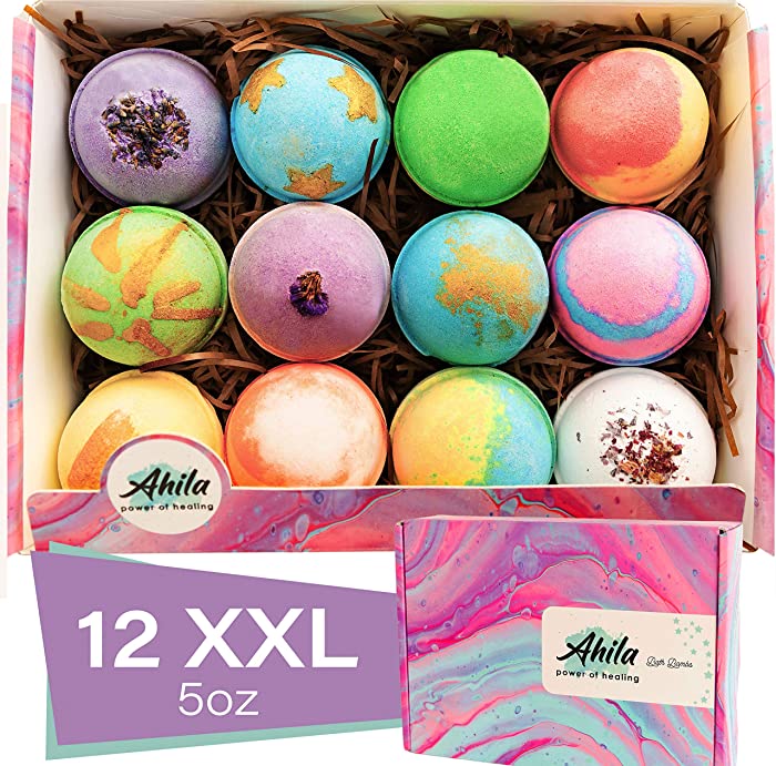 Ahila power of healing 12 XXL Bubbly Organic Bath Bombs Gift Set for Women Men and Kids Designed in Canada Long Lasting Floaters Relaxing Aromatherapy Rich in Pure Essential Oils Healing Properties