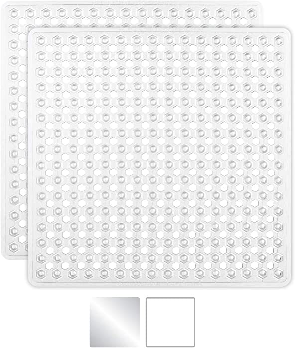 Gorilla Grip Patented Shower Stall Mat, 21x21, Machine Washable, Square Bathroom Bath Tub Mats for Stand up Showers and Small Bathtubs, Drain Holes Keep Floor Clean, Suction Cups, Pack of 2, Clear