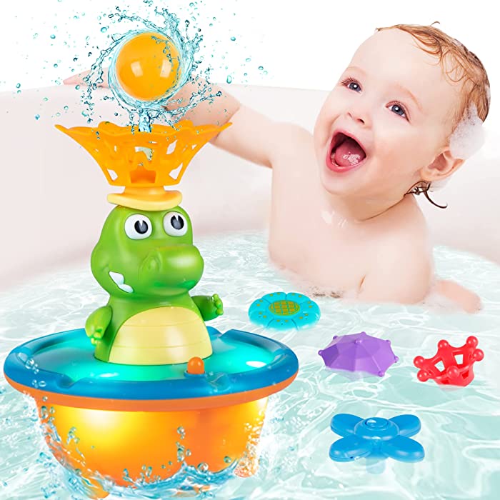 Joyibay Spray Water Bath Toy - 5 Modes Spray Water Bath Toys Light up Bath Time Toy Fountain for Toddlers Kids Crocodile Baby Bathtub Spinning Sprinkler Toy for Bathroom Swimming Pool