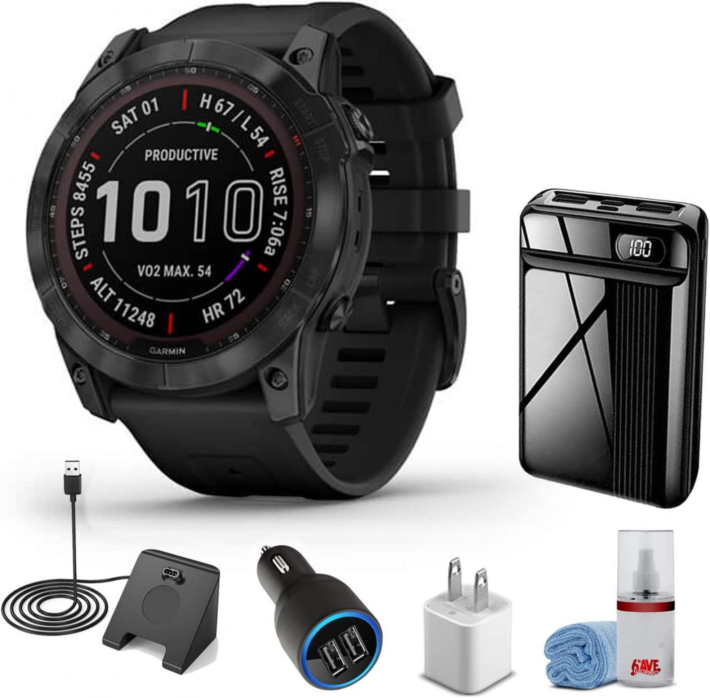 Garmin Fenix 7X Sapphire Solar Edition Smart Watch Black DLC Titanium with Black Band (51mm) + Watch Charging Stand + USB Car/Wall Adapter + 6TH AVE Cleaning Kit (Bundle) (010-02541-22)