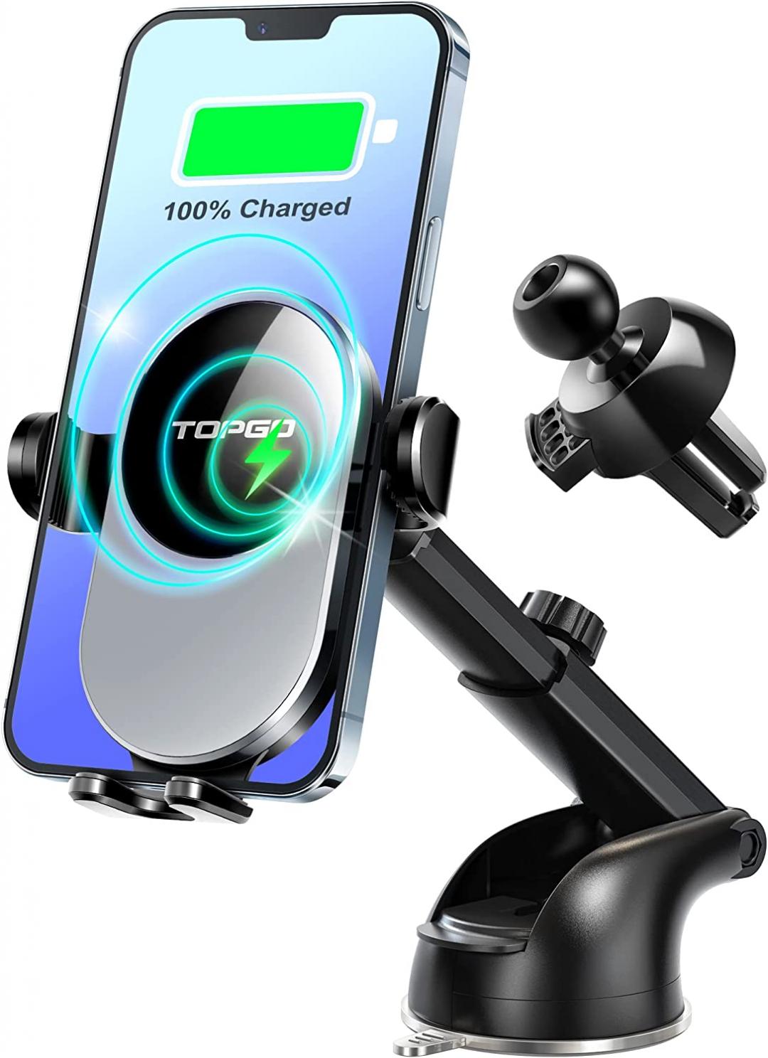 TOPGO Wireless Car Charger,Qi Faster Wireless Charger for car, Auto-Clamping Phone Mount for car,[Bumpy Road Friendly & Super Stable] for iPhone 14/13/12 Pro Samsung All Phones & Cars