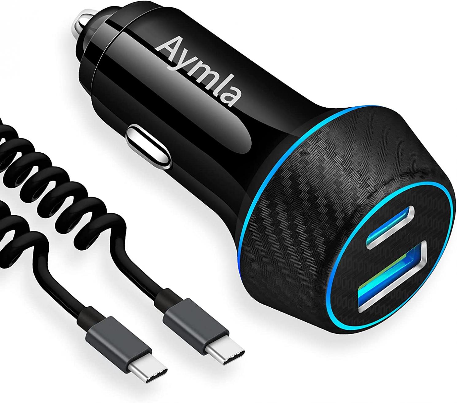 Aymla USB C Car Charger, Super Fast Charging Compatible for Samsung Galaxy S22/S21 Plus/Ultra/S20 FE/S10/S9/Note 20/10/iPad Pro/Air 4 30W PPS&18W QC 3.0 Cigarette Lighter USB Charger- Coiled Cable