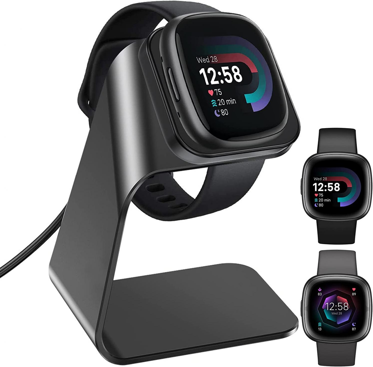 QIBOX Charger Compatible with Fitbit Versa 4/Versa 3/Sense 2/Sense, Premium Aluminum Alloy Charging with 4.2ft Cable Charger Dock for Versa 4/3 Sense 2/Sense Smartwatch (Black)