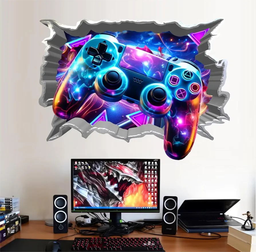 3D Gaming Wall Stickers Large Gamer Controller Wall Decals Peel and Stick Video Game Console Wall Art Stickers Game Room Decorations Game Zone Wall Decor for Boys Room Bedroom Kids Playroom