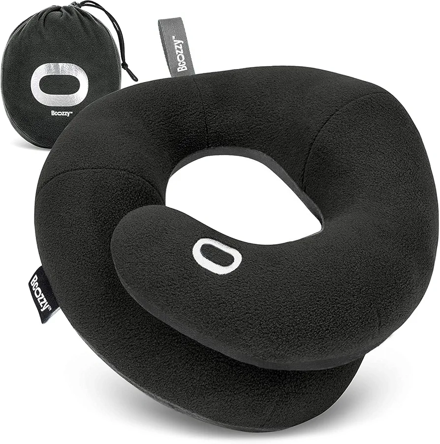 BCOZZY Double Support Neck Pillow for Travel, 3 Ergonomic Ways Supporting The Neck, Head, and Chin When Sleeping Upright on Flights, Car, and Home, Comfortable Airplane Travel Pillow, X- Large, Black