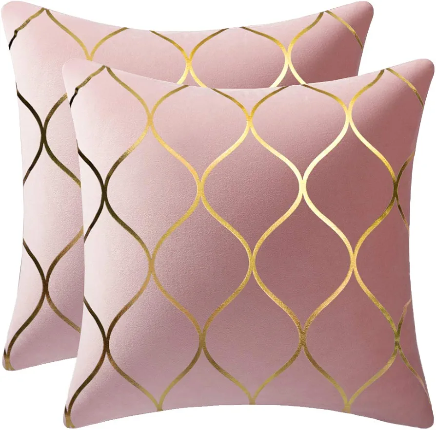 DEZENE Gold Velvet Throw Pillow Covers: 2 Pack 18x18 Inch Square Decorative Pillow Cases for Bedroom Sofa Couch Living Room, Pink