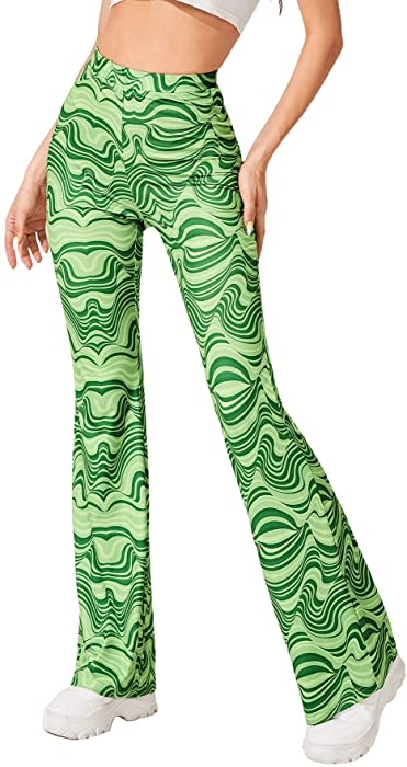 SOLY HUX Women's Print Elastic High Waisted Flare Leg Bell Bottom Pants