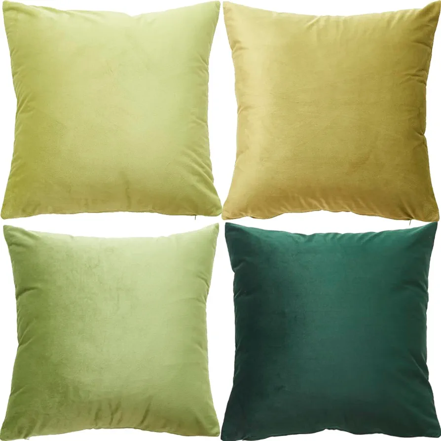 Throw Pillow Covers 18 x 18 Inch Set of 4 Colorful Green Decorative Pillow Covers Soft Solid Velvet Pillowcase Square Cushion Case for Sofa Bedroom Living Room Home Decor