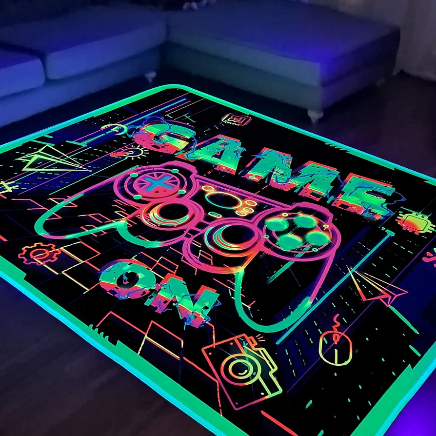 Gaming Area Rug Blacklight for Bedroom Game Printed Carpet UV Reactive Glow in The Black Light Area Rug Playroom Large Non-Slip Area Rug Kids Boys Girls Game Room Casual Mat 60x39 Inch