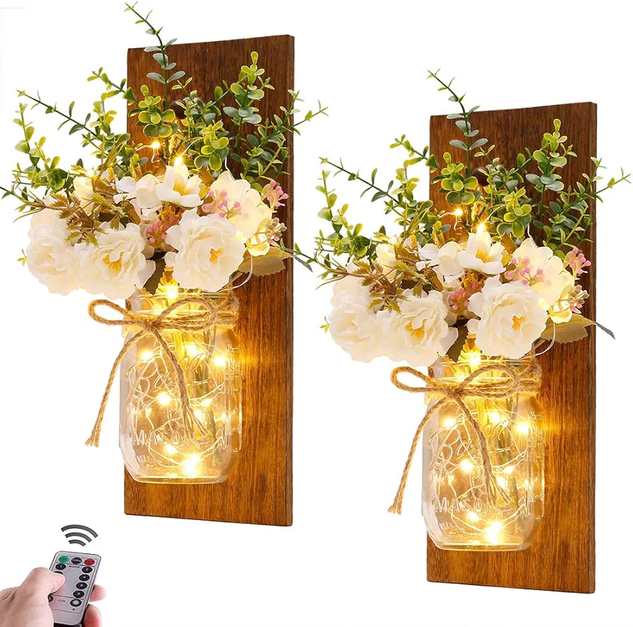 Rustic Wall Sconces Mason Jar Sconces Handmade Wall Art Hanging Design with Remote Control LED Fairy Lights and White Peony,Christmas Decor Gift Farmhouse Wall Home Decor Living Room Lights Set of Two