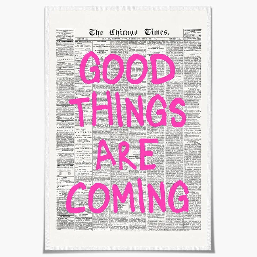 Vintage Black and White Newspaper Canvas Wall Art Good Things Are Coming Room Aesthetic Poster Retro Pink Typography Print for Apartment Bedroom Decor12x18inch Unframed