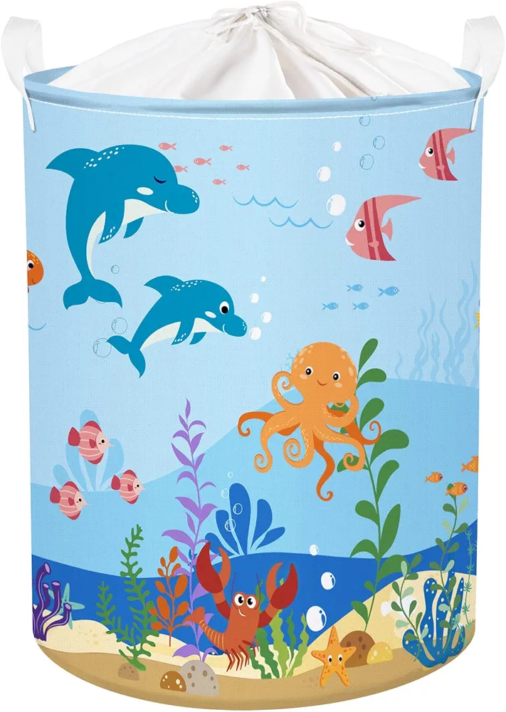 Clastyle 45L Marine Animals Dolphins Sea Turtles Kids Laundry Hamper Octopus Jellyfish Fish Seaweed Blue Round Toy Clothes Storage Basket for Children Room, 14.2x17.7 in