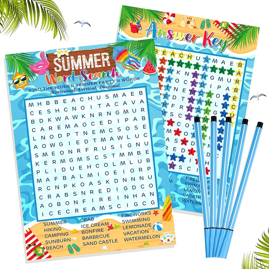 Capoda 41 Pcs Summer Party Game Set Word Search Game Card Summer Party Game 30 Players and 1 Answer Card with 10 Pens for Adults Child Beach Pool Theme Home School Classroom Activities Party Favors