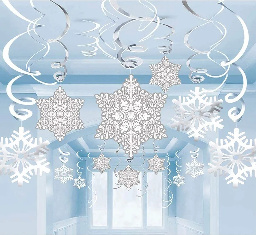 Moon Boat 42Ct Christmas Snowflake Hanging Swirl Decorations - Winter Party Wonderland Xmas Holiday Supplies