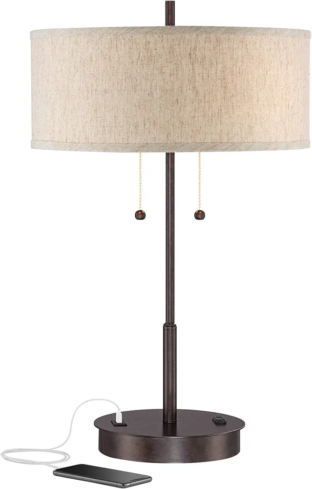 360 Lighting Nikola Modern Accent Table Lamp with USB and AC Power Outlet in Base 23 1/2" High Bronze Fabric Drum Shade for Bedroom Living Room House Desk Bedside Nightstand Office Family