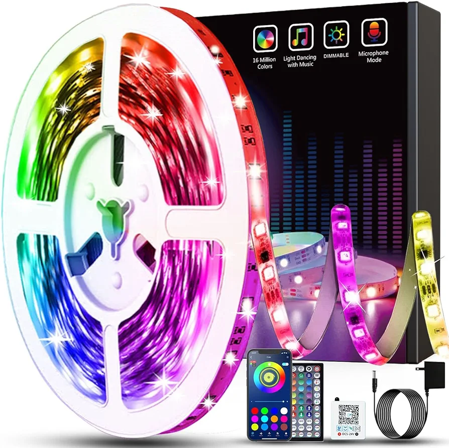 Keepsmile 50ft Led Lights for Bedroom, Bluetooth Smart APP Control RGB Color Changing Led Strip Lights with Remote Control and Power Adapter Led Lights for Room Kitchen Party Home Decoration