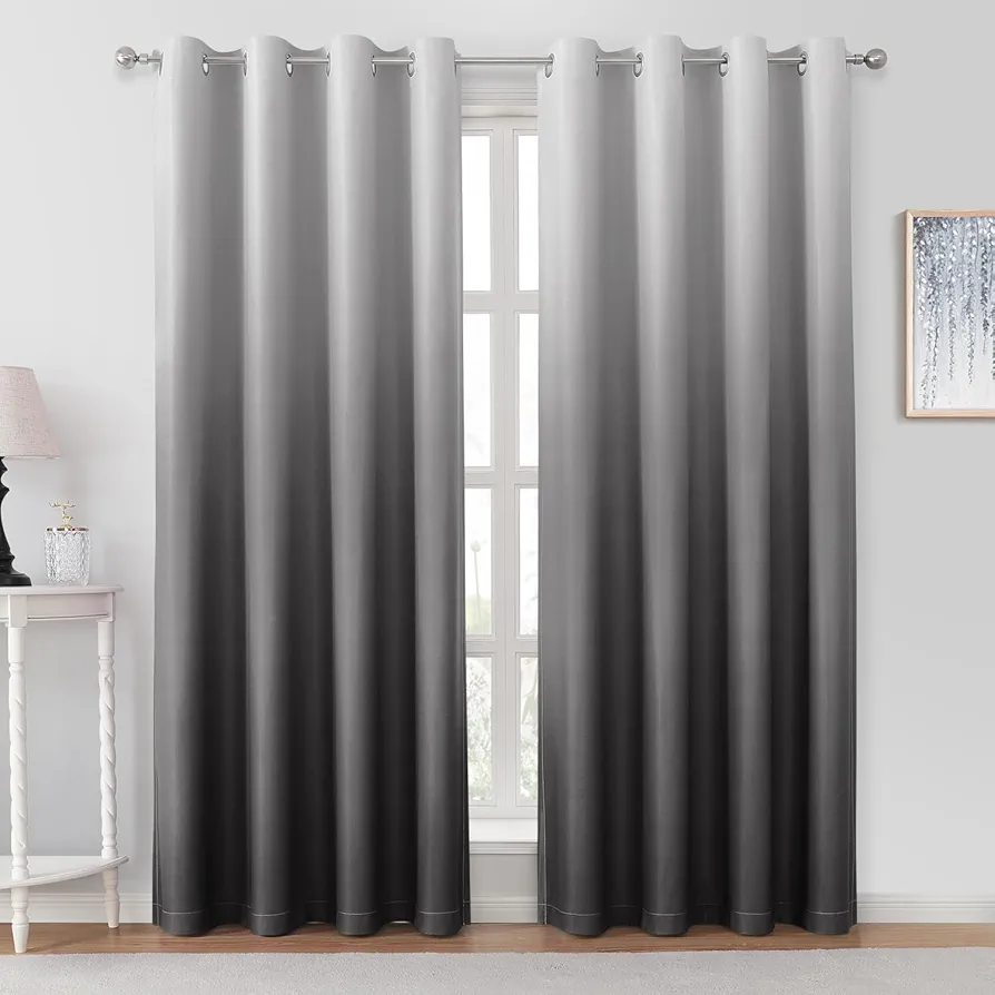 HOMEIDEAS Grey/Gray Ombre Blackout Curtains 52 X 84 Inch Length Gradient Room Darkening Thermal Insulated Energy Saving Grommet 2 Panels Window Drapes for Living Room/Bedroom