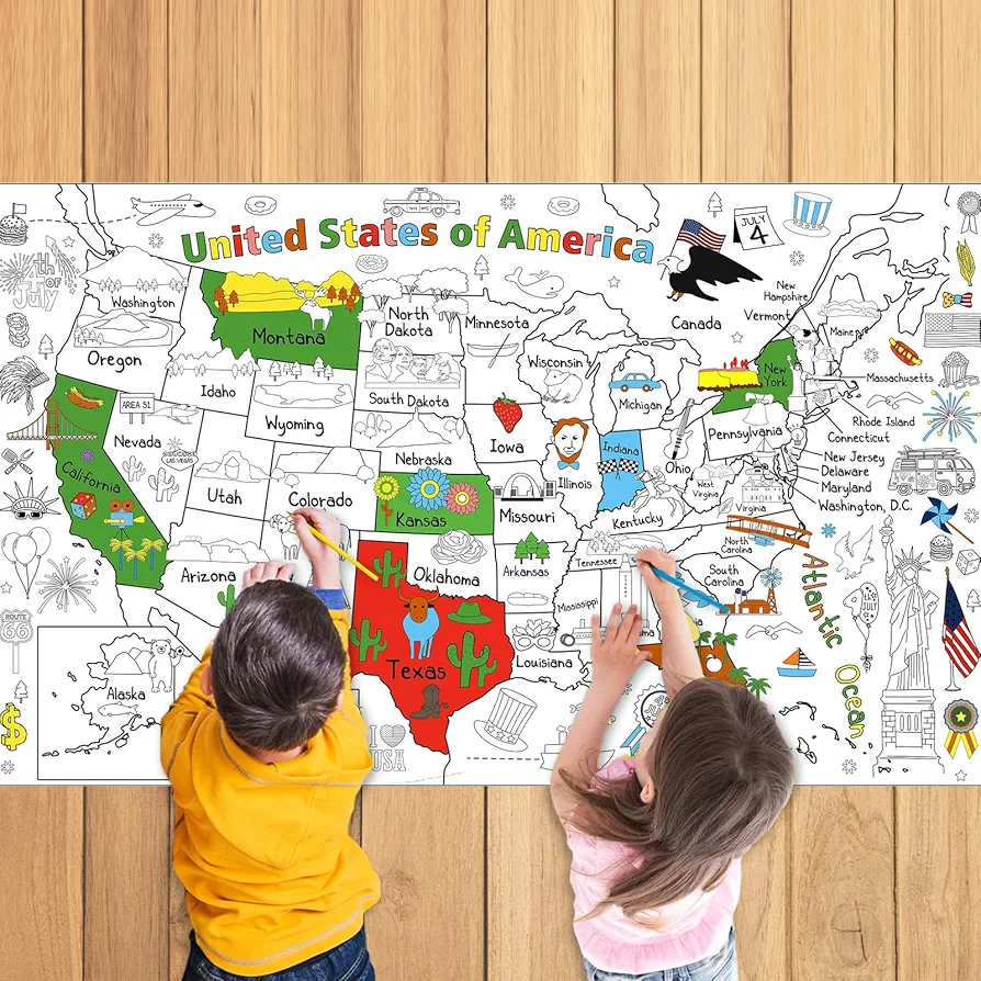 Giant US Map Coloring Poster, LMSHOWOWO 33 x 54 Inches US Map Coloring Tablecloth, Funny DIY Paper Coloring Poster for Kids School Classroom Home Activity and Learn to US States Capitals