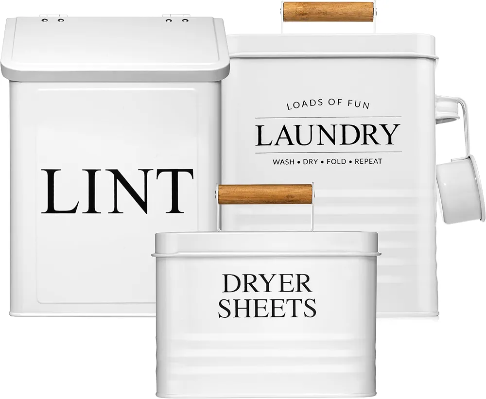 Calindiana Modern Farmhouse Lint Bin, Dryer Sheets Holder and Laundry Powder Pods Container Bundle for Laundry Room Organization and Storage, Laundry Room Decor