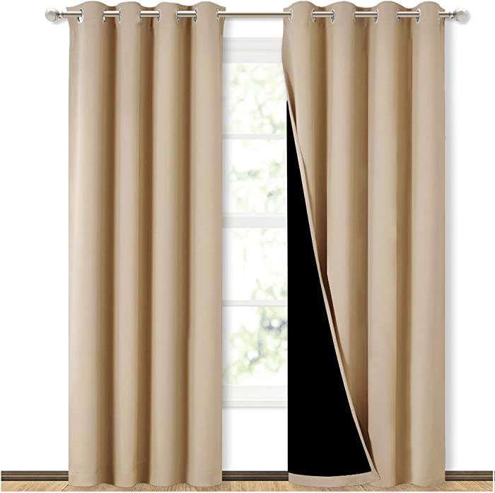 NICETOWN Thermal Insulated 100% Blackout Curtains, Noise Reducing Performance Drapes with Black Lining, Full Light Blocking Drapery Panels for Patio (Biscotti Beige, 1 Pair, 52 inches x 95 inches)