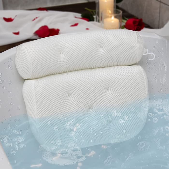 FALEJU Bath Pillow Bathtub Spa Hot Tub Pillow Back Neck Head Support Pillow, Relaxing Headrest Bath Pillow with 3D Air Mesh and 7 Non-Slip Suction Cups, Bathtub Accessories Thick Soft Bath Pillow