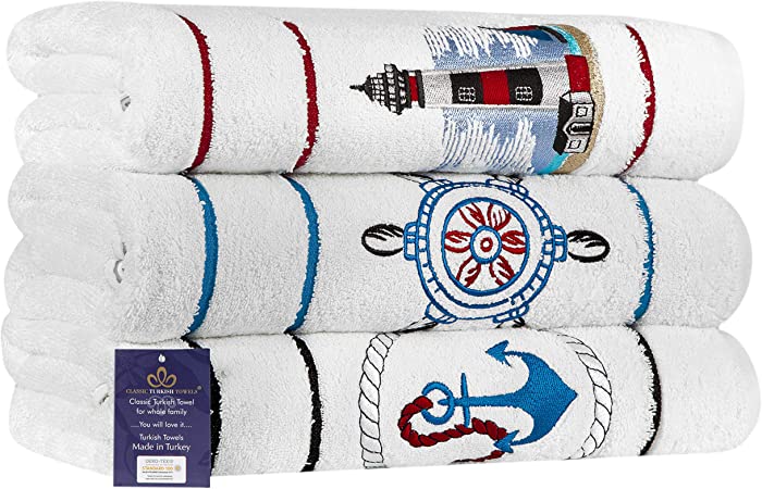 Classic Turkish Towels - Luxury Nautical Bath Towels, 100% Turkish Cotton, Quick Dry, Soft and Absorbent Bathroom Towels, Nautical and Ocean Decor, 3-Piece Set - 30 x 56 Inches