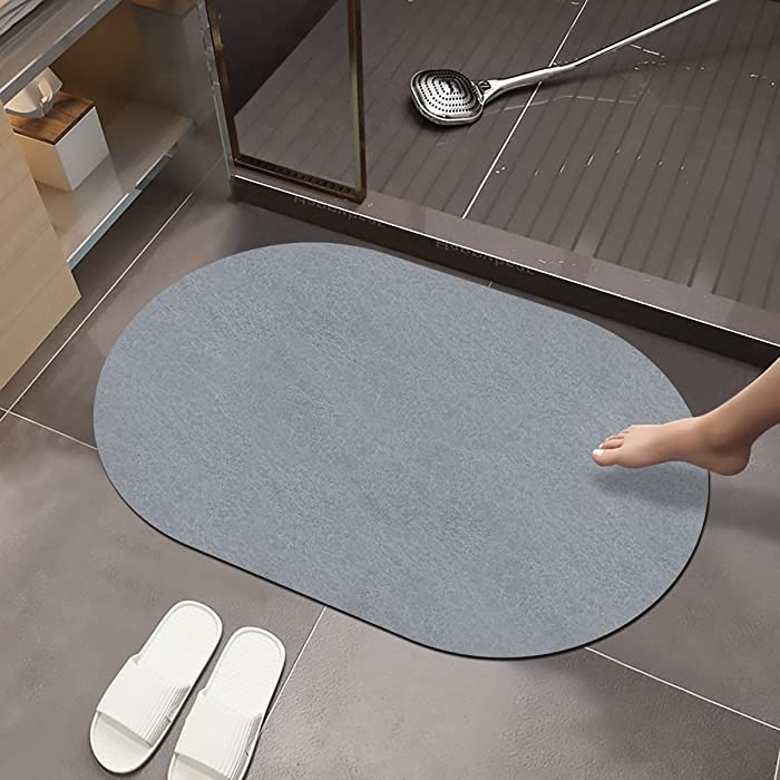 Diatomaceous Earth Bath Mat, Super Absorbent Floor Mat, Thin Bath Mat Rug, Quick Dry Non-Slip Washable Rubber Mat, 16x24 Inches Bathroom Floor Mat for Sink, Bathtub (Grey-Oval)