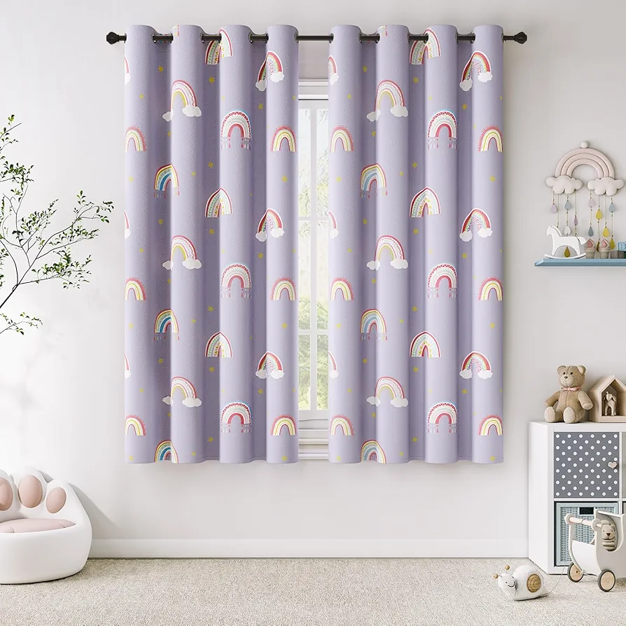 Vangao Rainbow Blackout Curtains Purple for Girls Kids Room 2 Panels Window Drapes for Living Room Nursery Thermal Grommet Insulated Room Darkening Curtains Bedroom 63 Inch Length