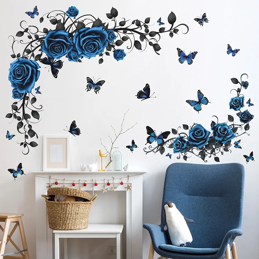 Removable Blue Floral Rose Wall Decor 3D Peel and Stick Flower Vine Black Plants Vines Leaf Wall Stickers Flying Butterfly Wall Decals for Kids Girls Baby Bedroom Nursery Living Room