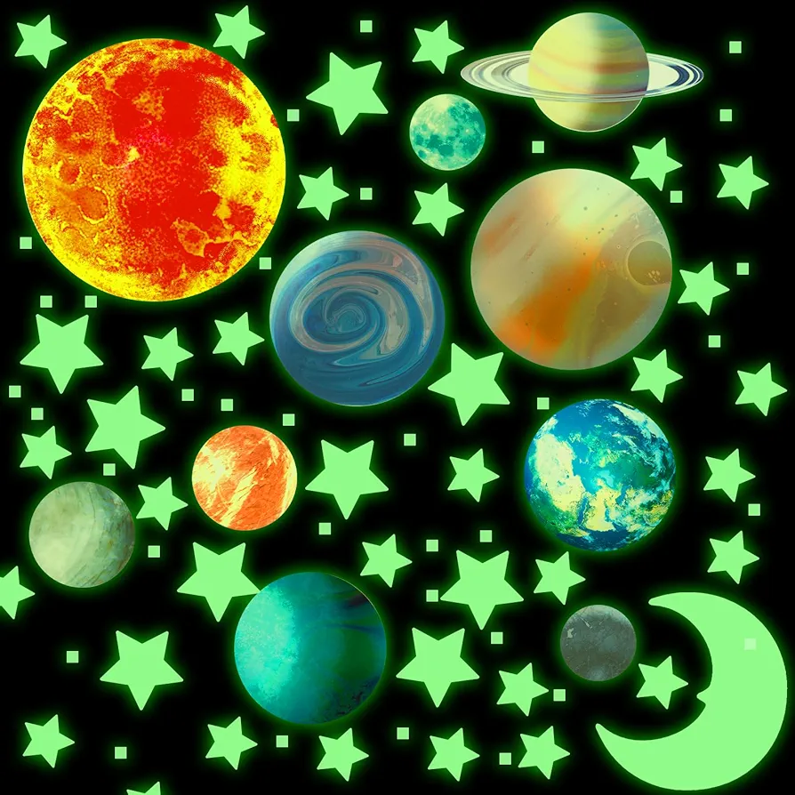 10pcs Glow in The Dark Stars Solar System Wall Stickers, Luminous Planets and Stars Wall Decals Space Ceiling Decor for Bedroom Boys Girls Kids Baby Nursery Decoration