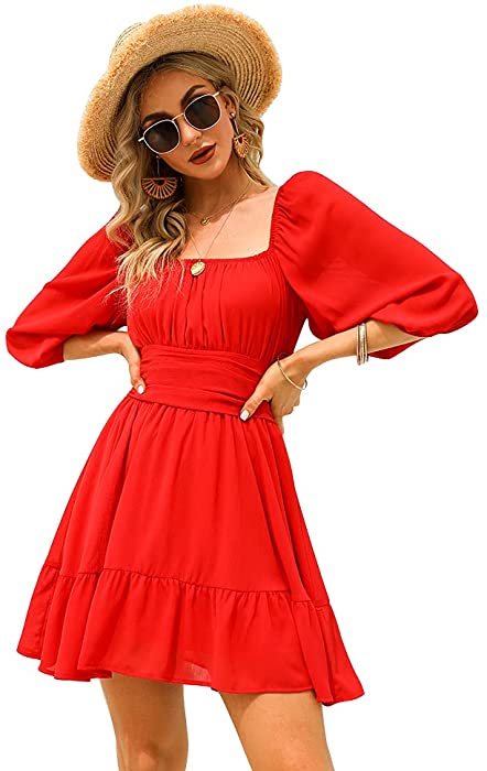 EXLURA Womens Lantern Sleeve Tie Back Dress Ruffled Off Shoulder A-Line Vintage Mini Dress