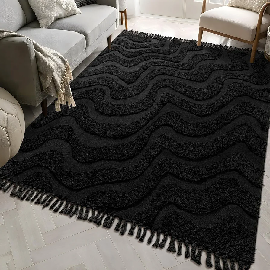 Black Rug 4’x6’ Rugs for Bedroom Living Room Dining Room Office Boho Washable Area Rugs Large Neutral Floor Carpet Modern Farmhouse Tufted Woven Geometric Throw Rugs with Tassel